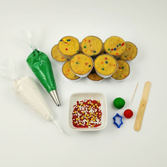 Components of Holly Daze DIY cupcake-decorating kit available during open studio time or to-go at Cake Hoopla in Tigard, near Portland.