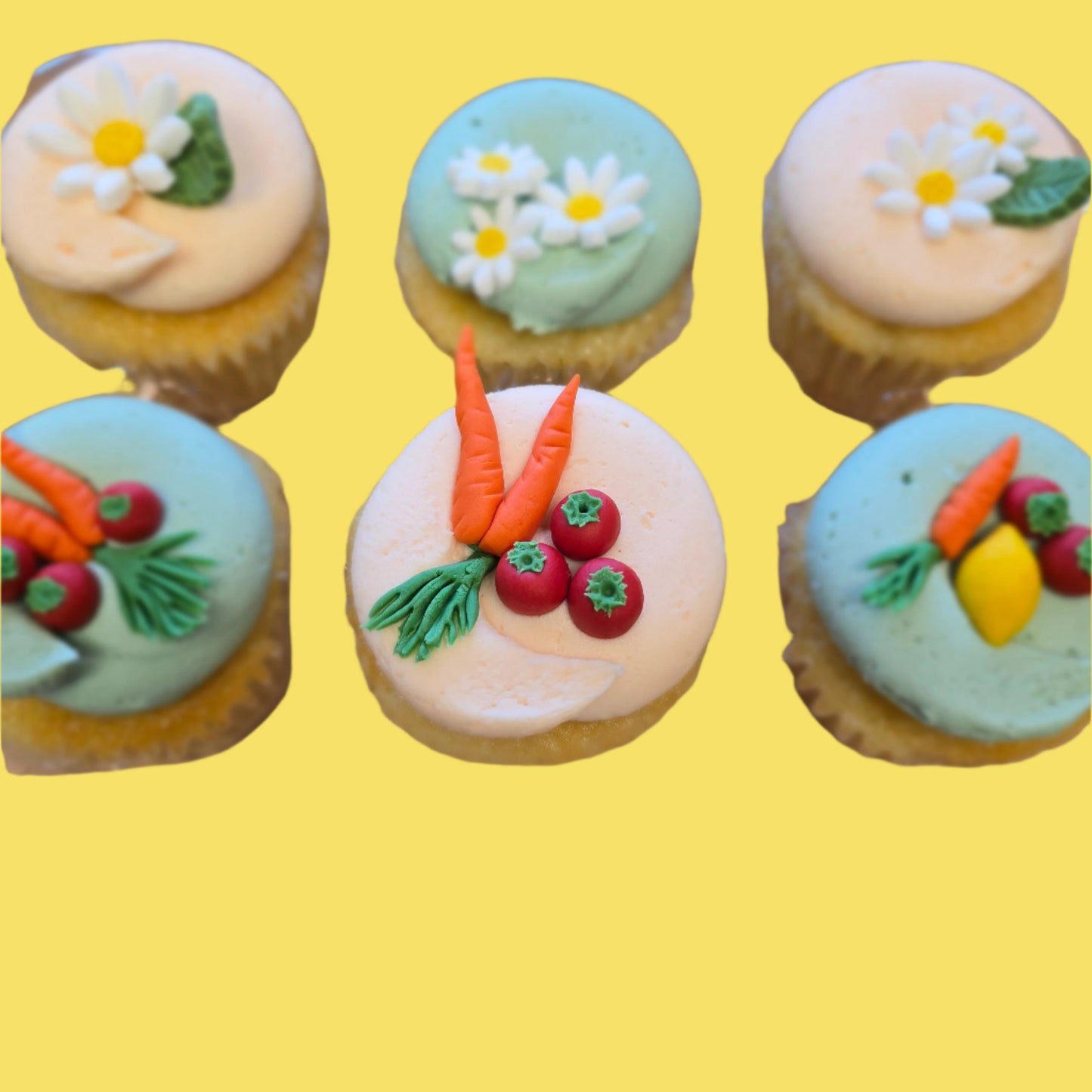 Custom made garden veggies, lemons, and daisies on top of pastel frosting for a baby shower available by preorder at Cake Hoopla in Tigard, near Portland.