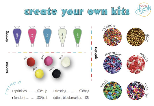 Graphic showing the frosting, fondant, and sprinkle selections for Cake Hoopla's most popular DIY cake and cupcake kits: Create Your Own. Available at Cake Hoopla in Tigard, near Portland.