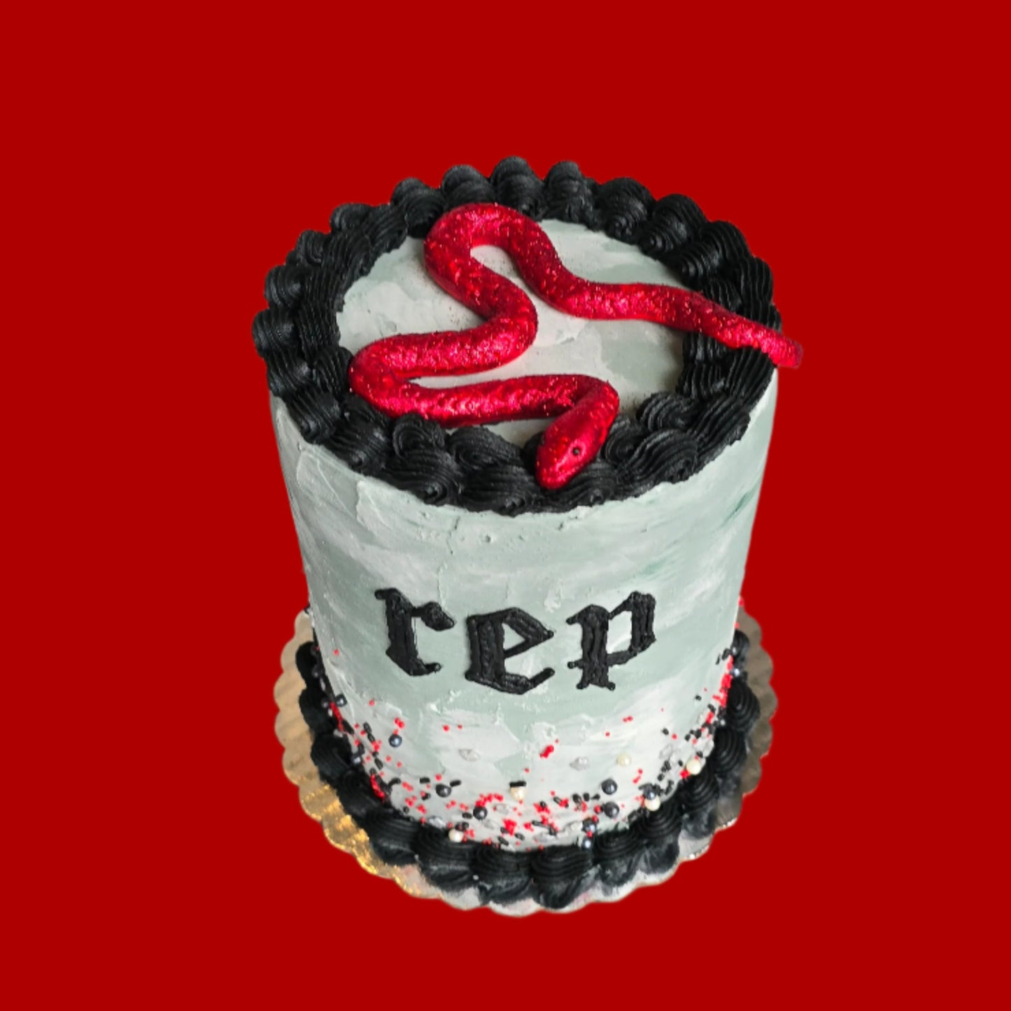 Custom REP album Taylor Swift cake with red glitter snake by Cake Hoopla in Tigard, near Portland.