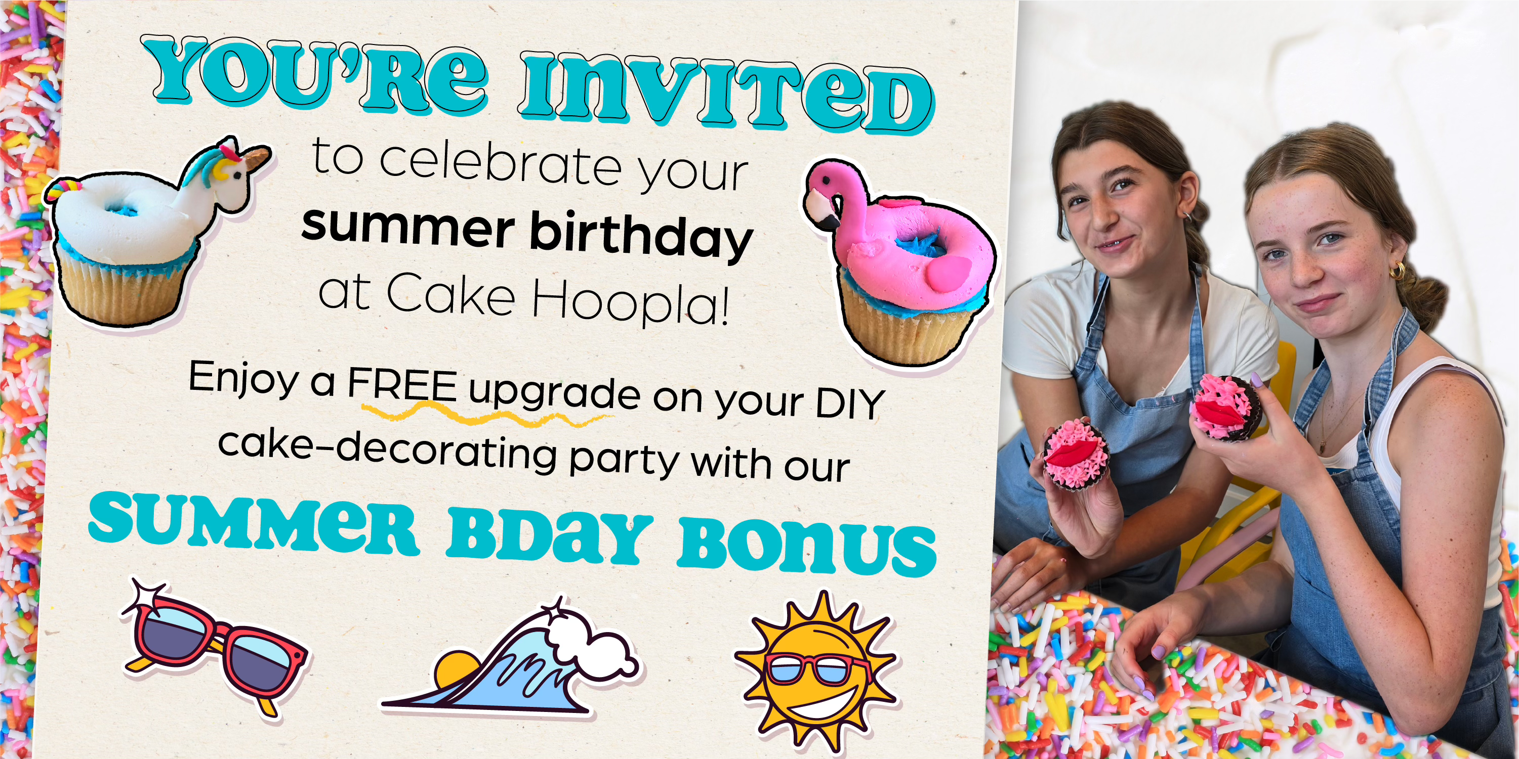 Free birthday party upgrade for summer birthdays held at Cake Hoopla in Tigard, near Portland.