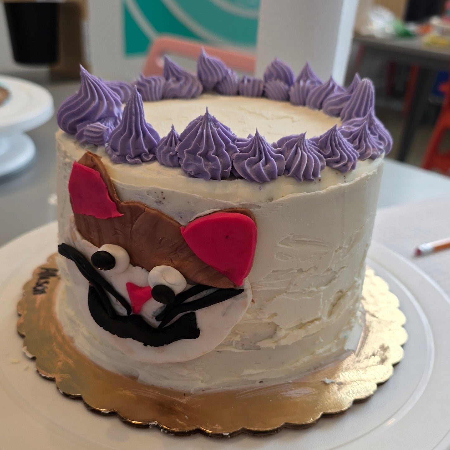 A cake designed and decorated by a kid attending cake cat at Cake Hoopla in Tigard, near Portland.