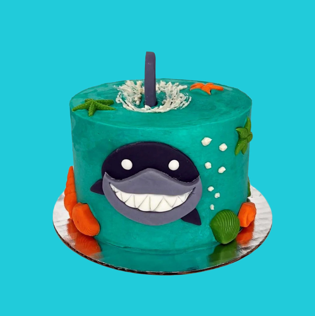 Shark-themed cake frosted in teal with green and orange shells and a shark face and tail coming out of the cake; a pre-decorated cake shipped to the continental US.