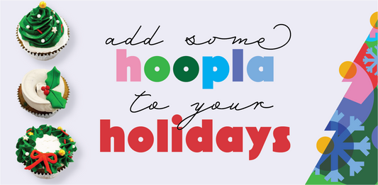 Hoopla Holidays graphic with Christmas cupcakes