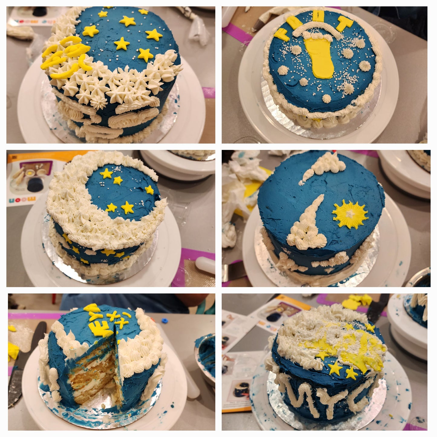 6 moon cakes decorated during an in-studio party, with dark blue frosting around the cakes, white frosting stars piped in the shape of a crescent moon, and small yellow stars and other fondant detail placed around the cakes