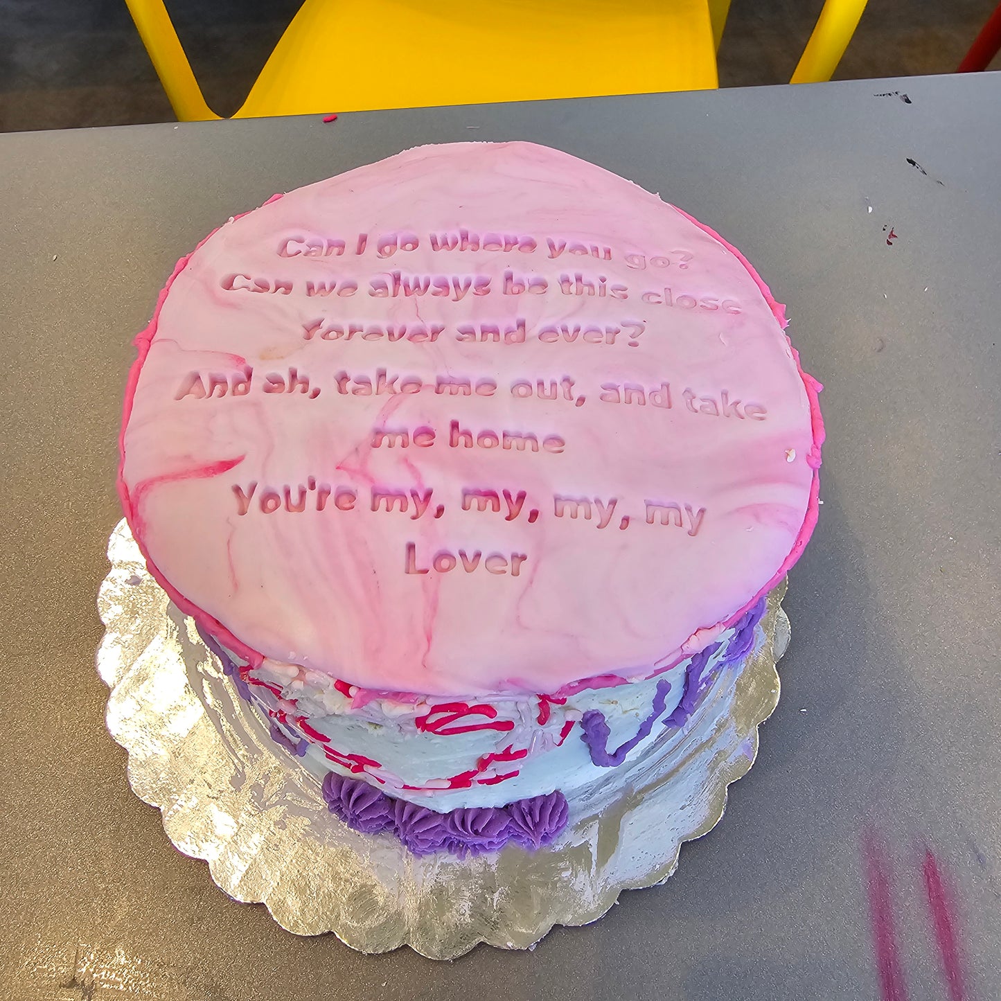 A Lover album themed cake decorated during a Swiftie-themed summer cake camp at Cake Hoopla in Tigard, Oregon near Portland.