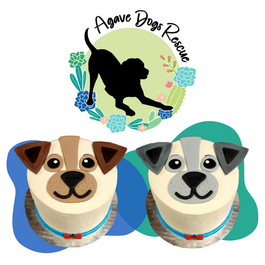Agave Dog Rescue logo joined in a graphic with a brown-featured dog cake and a gray-featured dog cake promoting a DIY cake-decorating workshop at Cake Hoopla