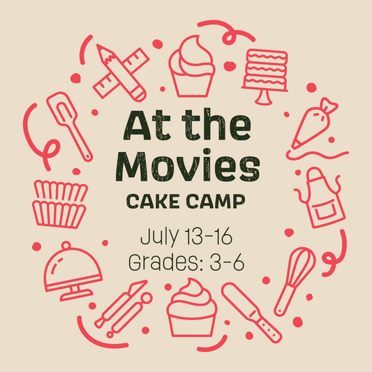 Cake Hoopla's summer At the Movies Cake camp graphic with icons and text on a beige background