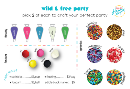 Each option of frosting, fondant, and sprinkles available when booking the Wild & Free party package.
