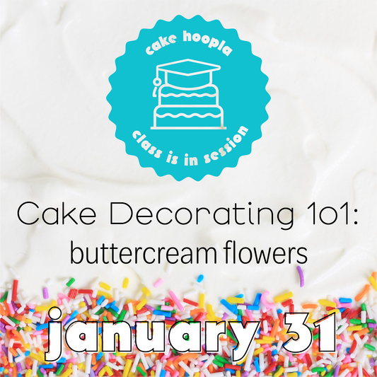 Cake Hoopla cake class graphic for January 31, 2026 class with colorful sprinkles.