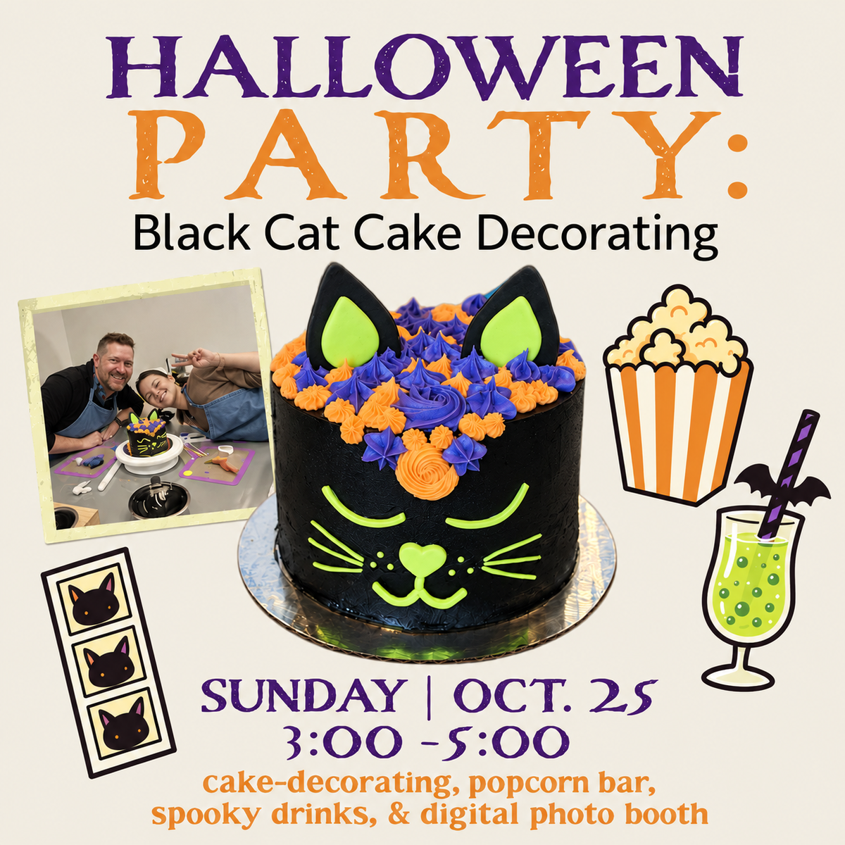 A Halloween Party promotional graphic showing a black cat cake, a father-daughter decorating team, the event date of October 25, 3:00-5:00, and a popcorn, drink, and photo booth graphic.