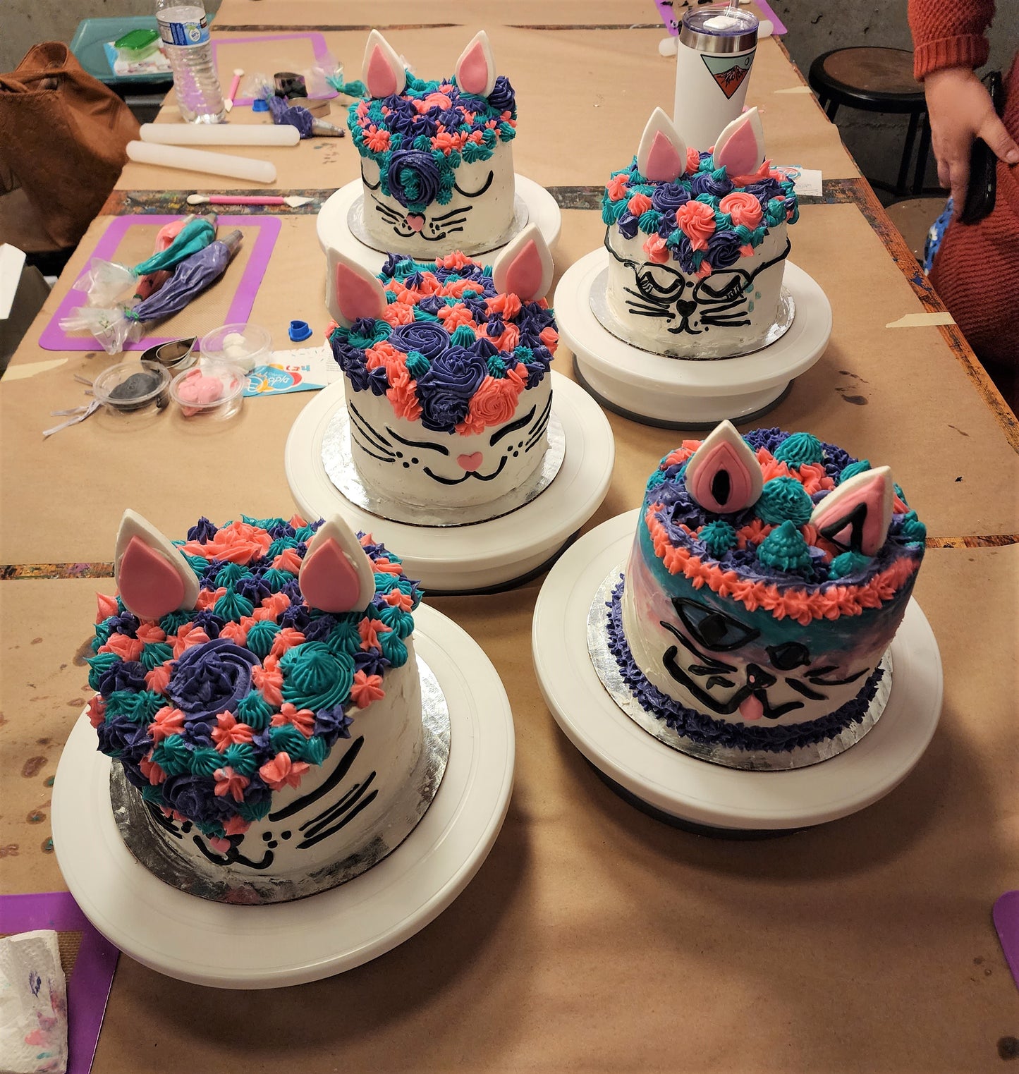 A table with 5 cat cakes with colorful frosting and unique custom facial features from a to-go decorating event at DIY Bar in Portland.