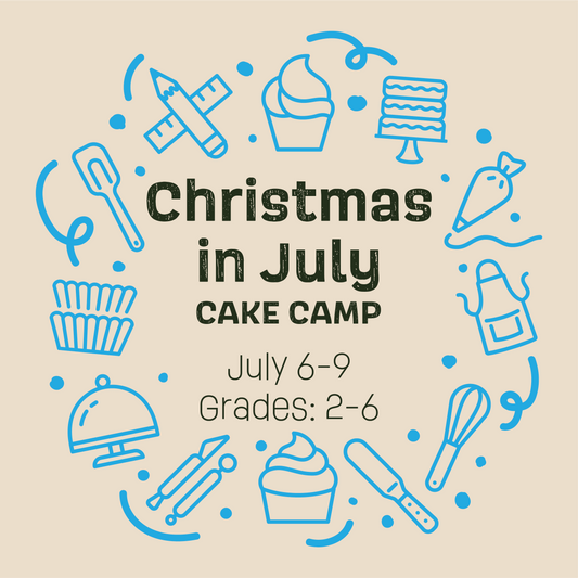 Graphic for Cake Hoopla's summer  cake camp titled 'Christmas in July' with icons related to baking on a beige background.
