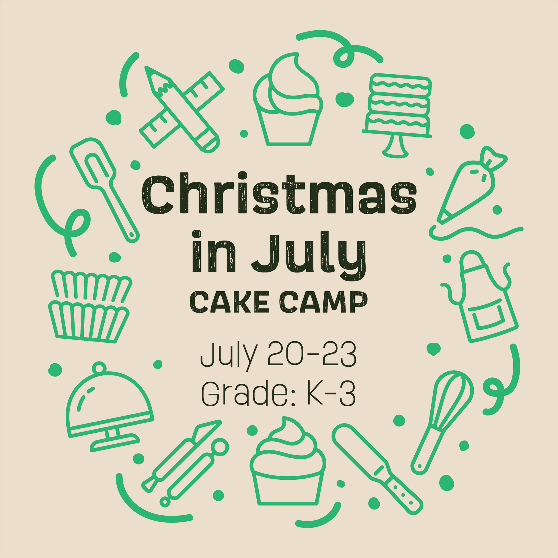 Graphic for Cake Hoopla's summer 'Christmas in July Cake Camp' with green icons on a beige background.