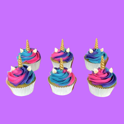Pink, purple, and blue swirled unicorn cupcakes available for DIY cupcake-decorating at Cake Hoopla in Tigard, near Portland.