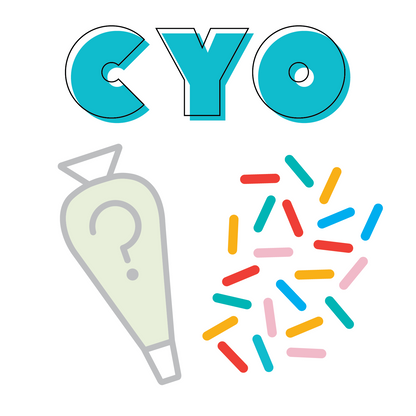 Colorful 'CYO' logo with a question mark and colorful sprinkles on a white background for create-your-own decorating option at Cake Hoopla in Tigard, near Portland.
