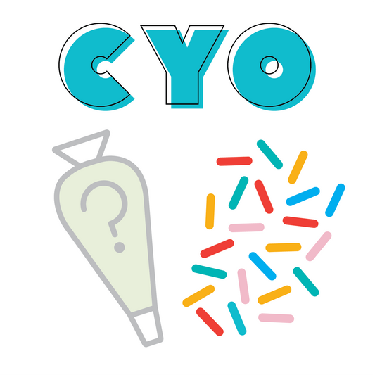 Colorful 'CYO' logo with a question mark and colorful sprinkles on a white background for create-your-own decorating option at Cake Hoopla in Tigard, near Portland.