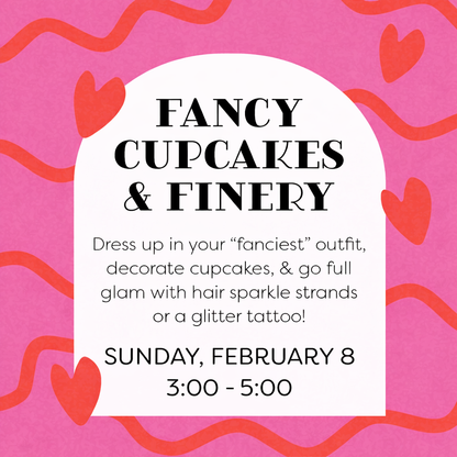 Promotional graphic for 'Fancy Cupcakes & Finery' event at Cake Hoopla in Tigard, near Portland, with pink background and red hearts.