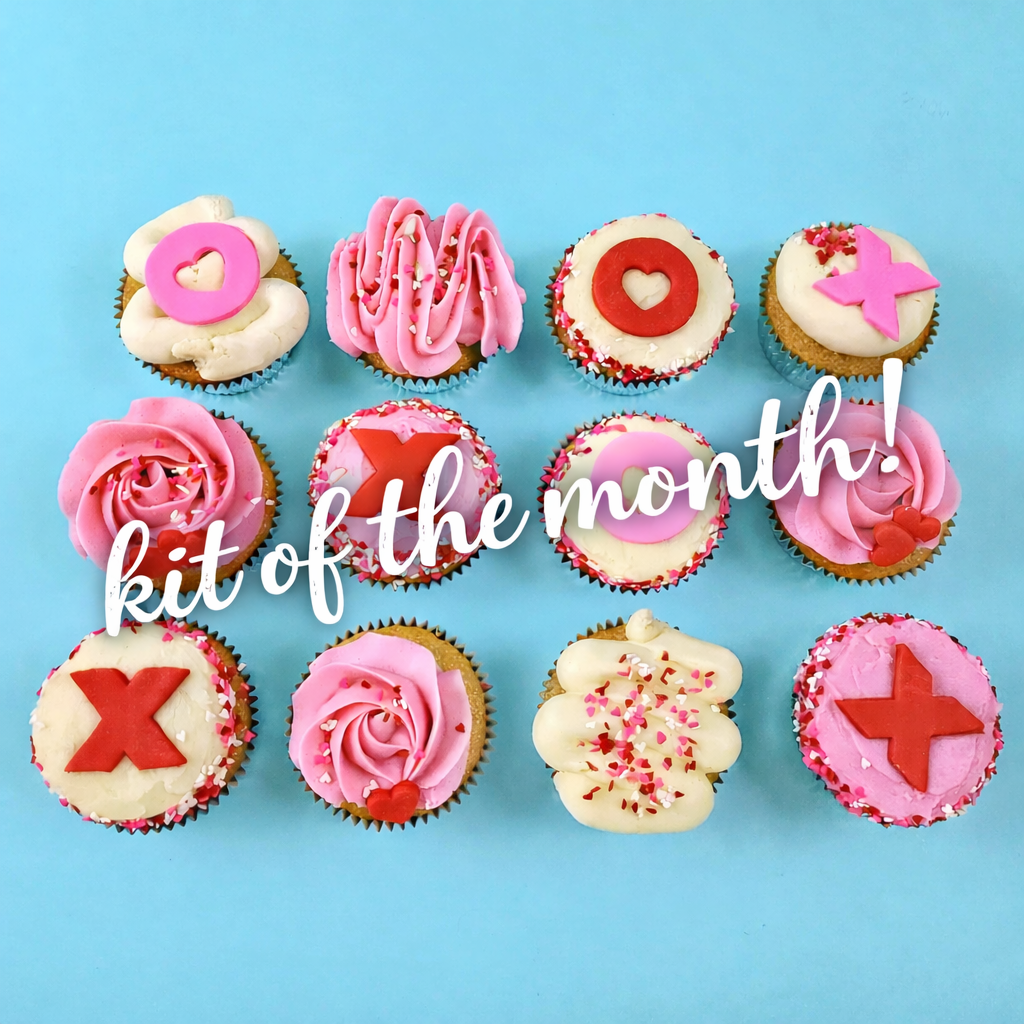 Valentine's themed cupcakes with pink and white frosting and red and pink Xs and Os, with "kit of the month" written across the graphic.