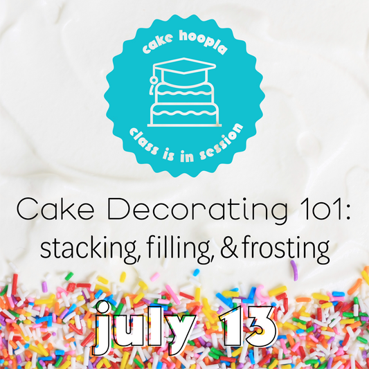 Colorful graphic for DIY cake-decorating class at Cake Hoopla in Tigard, near Portland, focusing on cake-decorating foundations.