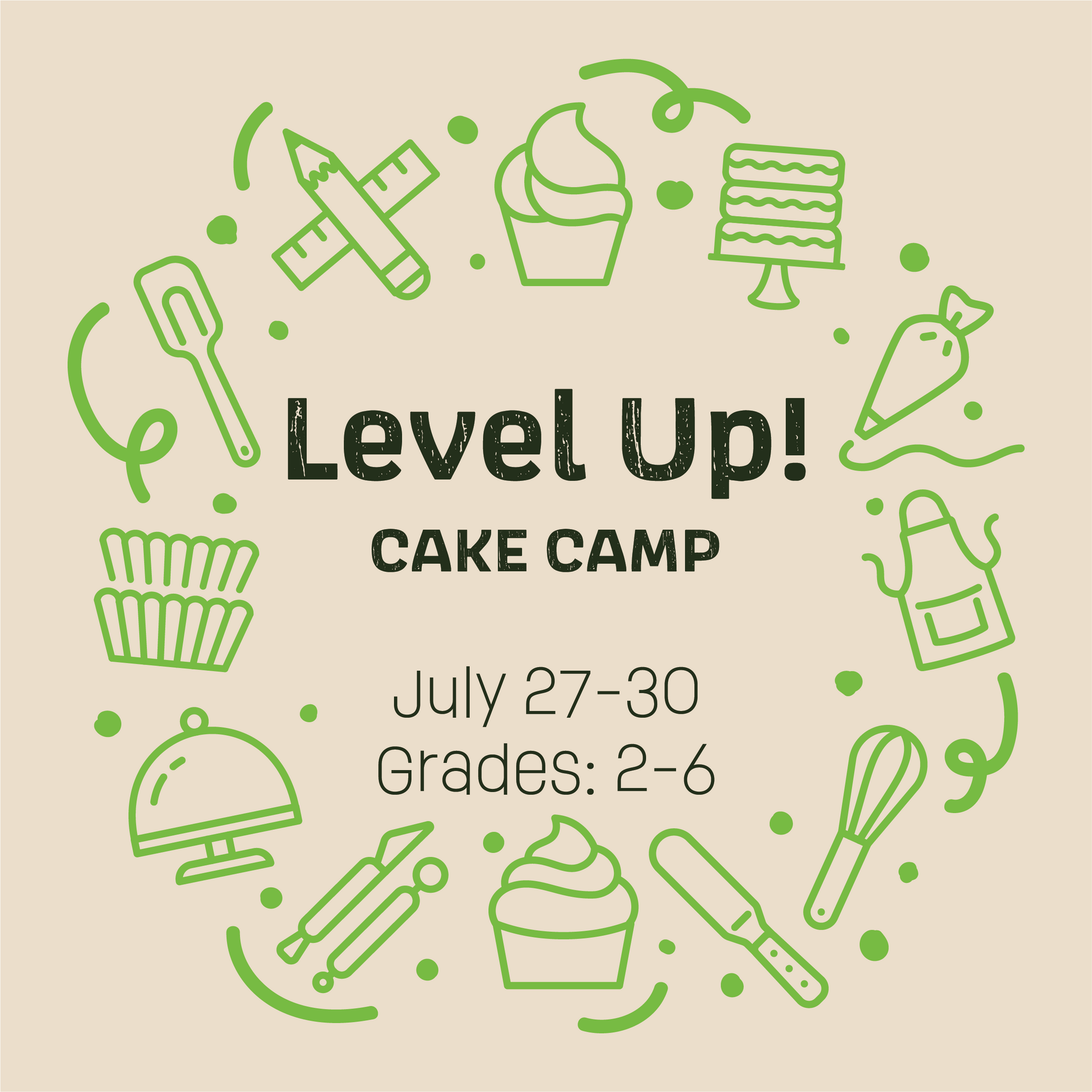 Cake Hoopla's graphic for 'Level Up! Cake Camp' with green icons on a beige background