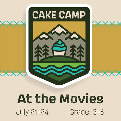 Cake Camp badge for Cake Hoopla's At the Movies cake camp in Tigard, Oregon near Portland, July 21-24, 2025, for grades 3 through 6.