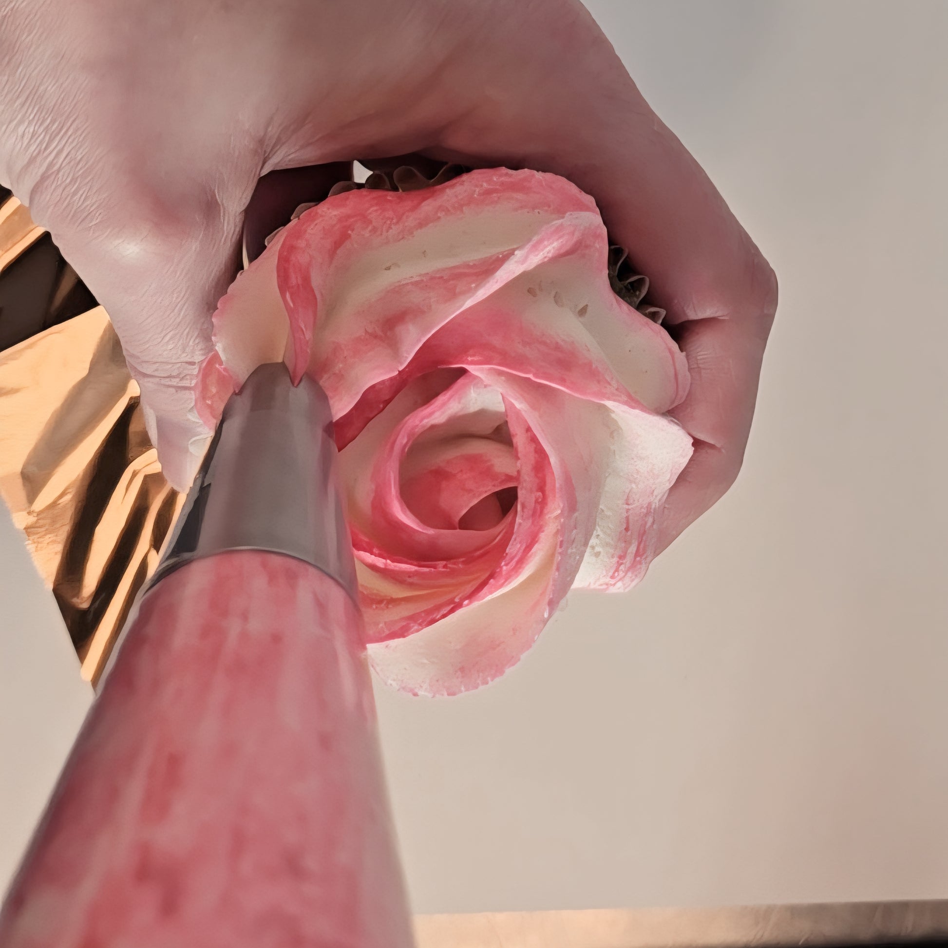 Hand holding a pink rose cupcake with a blurred background