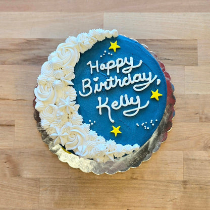 Crescent moon cake ready-to-serve and customized with a message for pickup at Cake Hoopla in Tigard, Oregon near Portland.