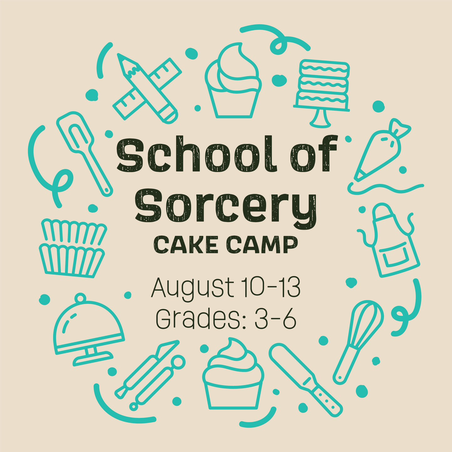 Graphic for Cake Hoopla's 'School of Sorcery Cake Camp' with cake-related icons on a beige background.