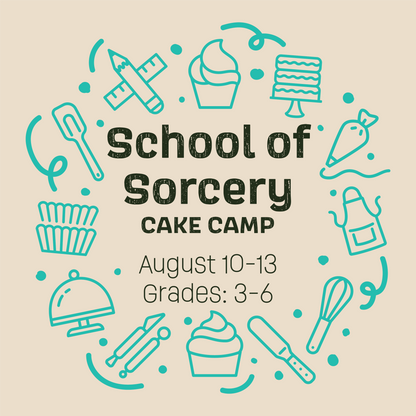 Graphic for Cake Hoopla's 'School of Sorcery Cake Camp' with cake-related icons on a beige background.