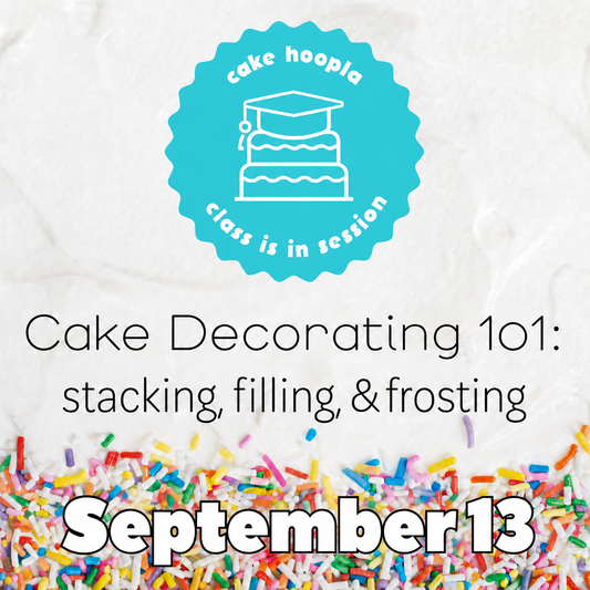 Graphic with sprinkles and frosting background for September 13th cake-decorating class at Cake Hoopla.