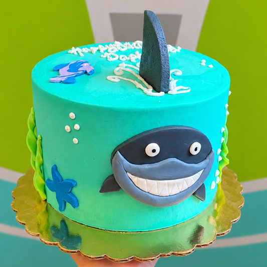 A custom shark-themed birthday cake held up by a hand against a bright green and teal geometric wall. The cake is decorated with turquoise icing, a fondant shark face, a dark gray shark fin, and blue starfish accents.