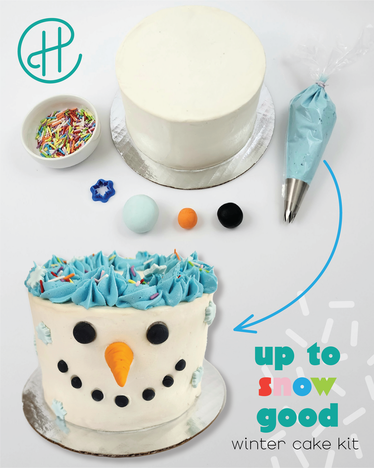 Colorful snowman cake with the components used to decorate the cake, including prefrosted cake, sprinkles, frosting, fondant, and tools.