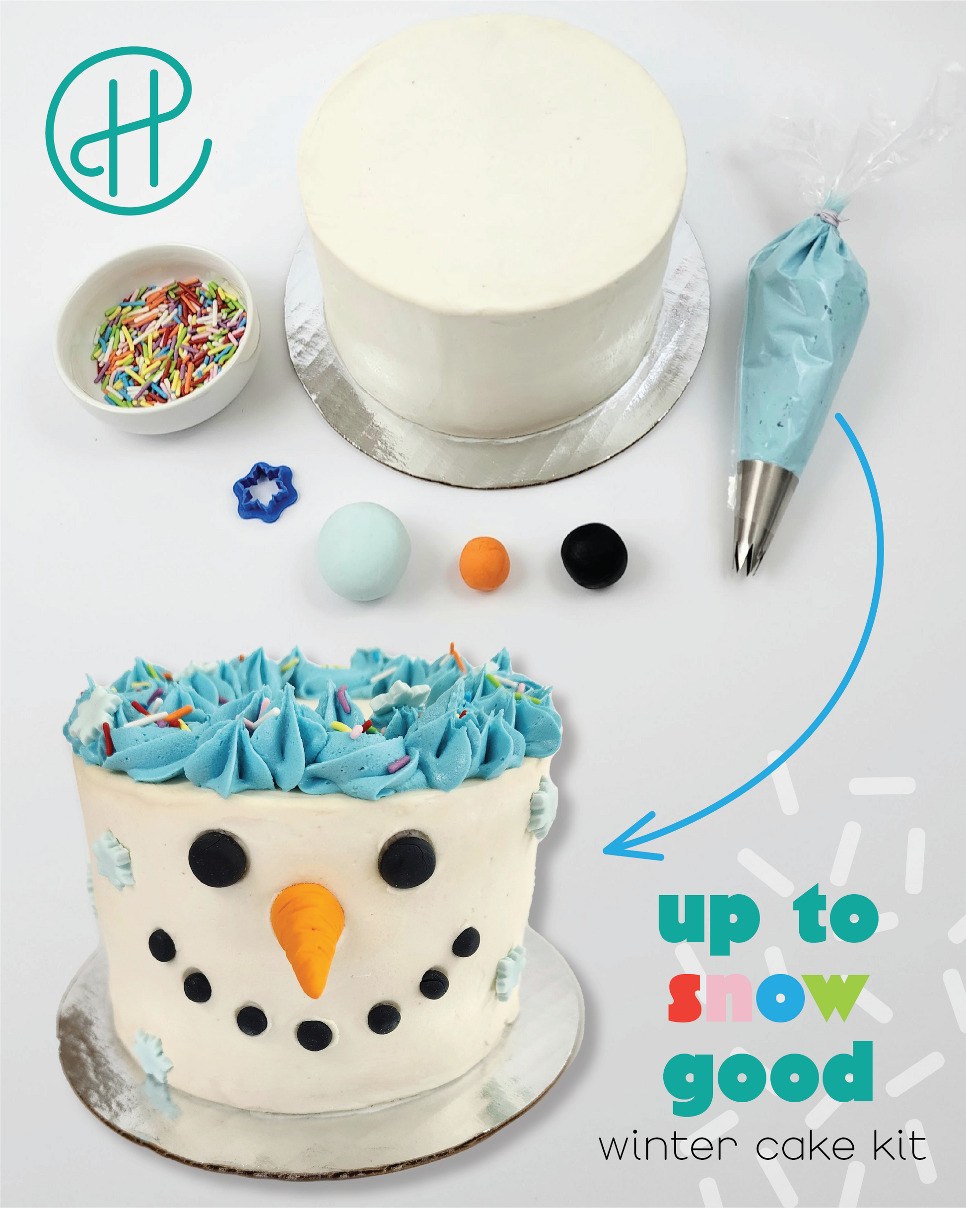 Colorful snowman cake with the components used to decorate the cake, including prefrosted cake, sprinkles, frosting, fondant, and tools.