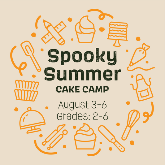 Graphic for Cake Hoopla's 'Spooky Summer Cake Camp' with cake-related icons on a beige background.