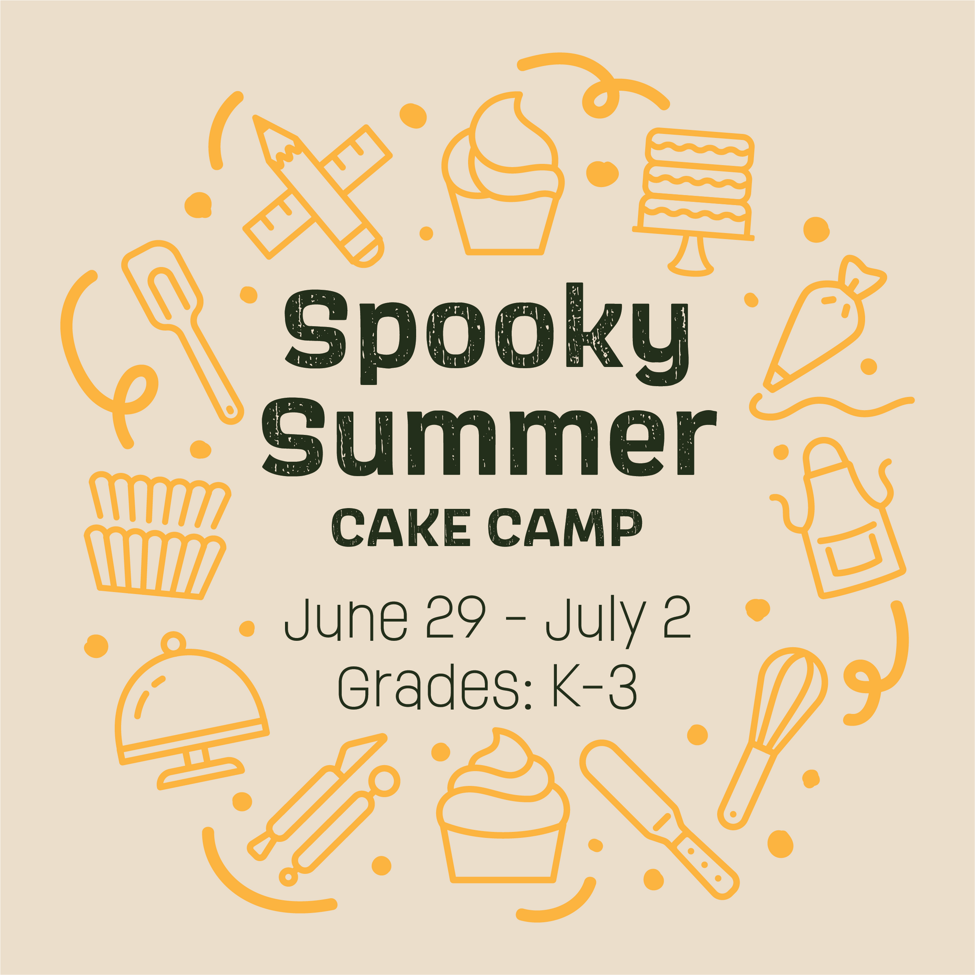 Graphic for 'Spooky Summer Cake Camp' with cake-related icons on a beige background.
