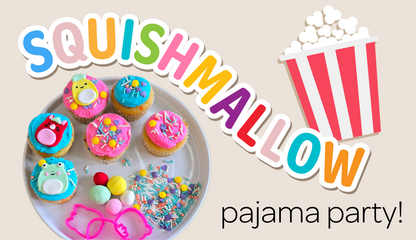 Cupcakes, popcorn, and pajama party logo for a DIY cupcake-decorating event at Cake Hoopla in Tigard, near Portland.