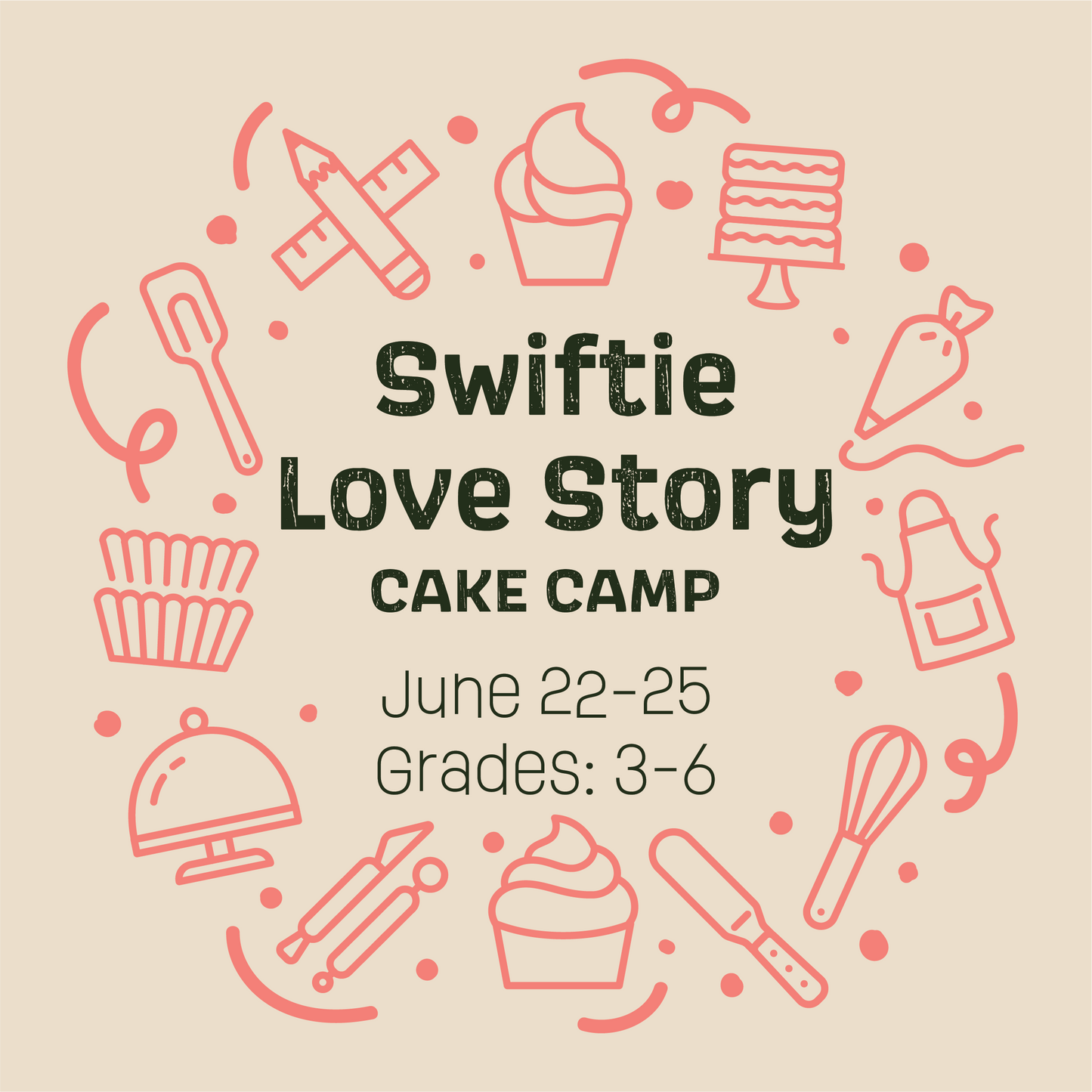 Cake Hoopla's graphic for 'Swiftie Love Story Cake Camp' with cake-related icons on a beige background.