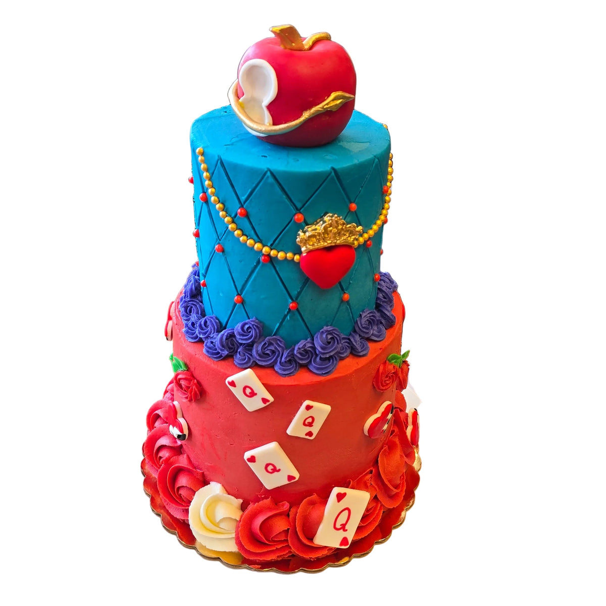 Two-tiered Descendants-themed cake with red bottom tier, blue top tier, a red and gold necklace, Queen of Hearts cards, and topped with a poison apple.