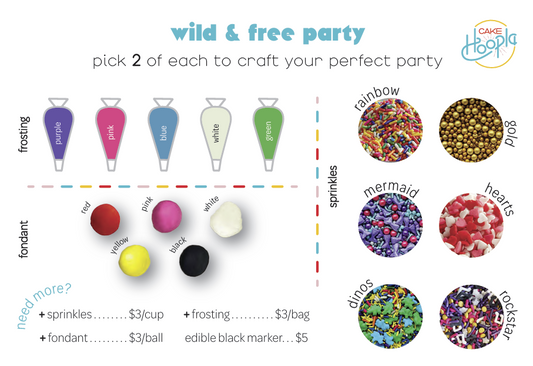 Graphic showing 5 frosting colors, 5 fondant colors, and 6 sprinkles mixes available for selection when hosts book a Wild & Free party package for DIY cake/cupcake-decorating parties and events at Cake Hoopla in Tigard, near Portland.