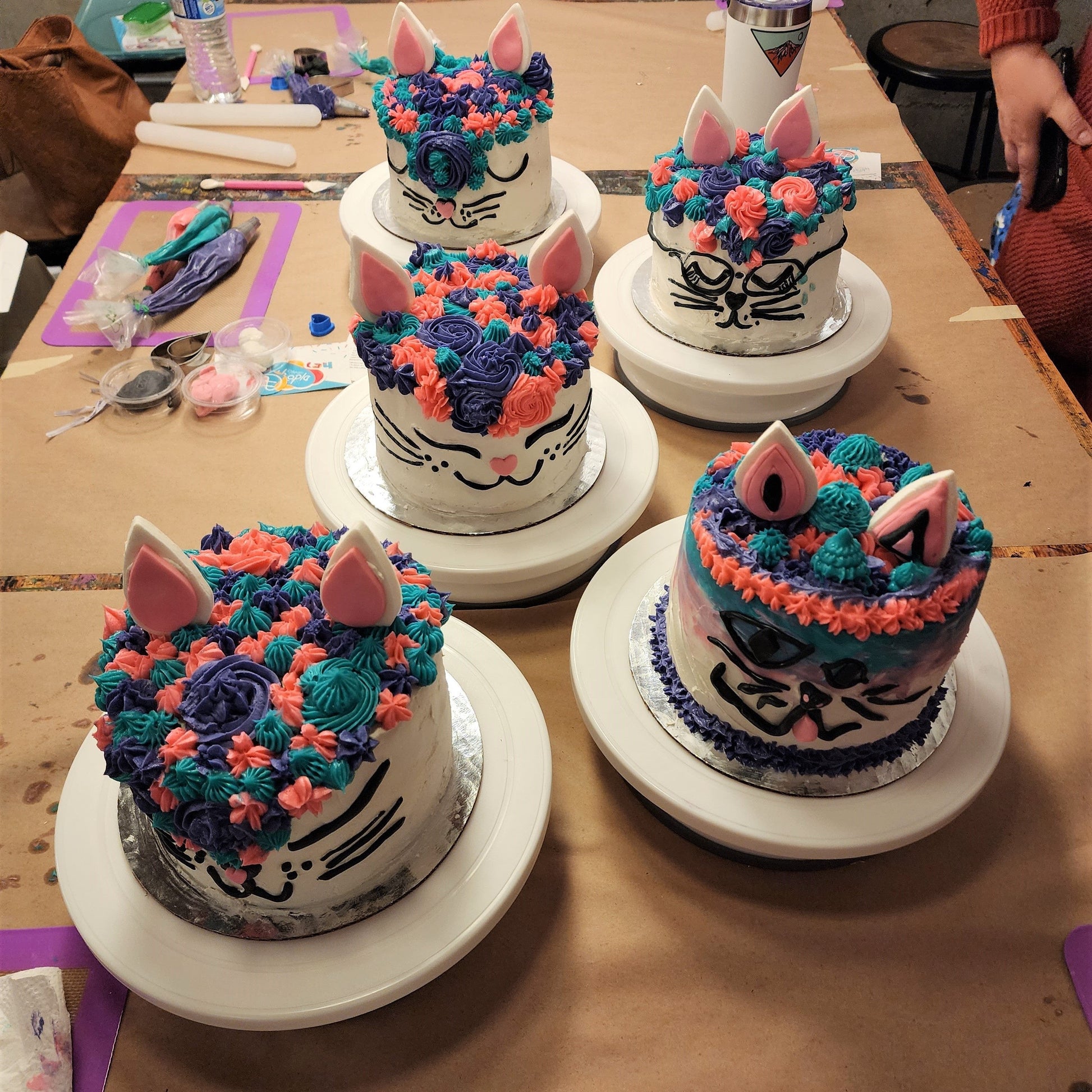 Several finished Make Me Right Meow cat cakes are lined up next to each other on a table following a custom adult DIY cake decorating party in the Portland area. Each is unique with added details that vary from the original design, such as a pink fondant nose, black fondant glasses, and a pink fondant tongue. This shows that each person can express their own creativity, even if given the same ingredients, tools, and easy-to-follow instructions.