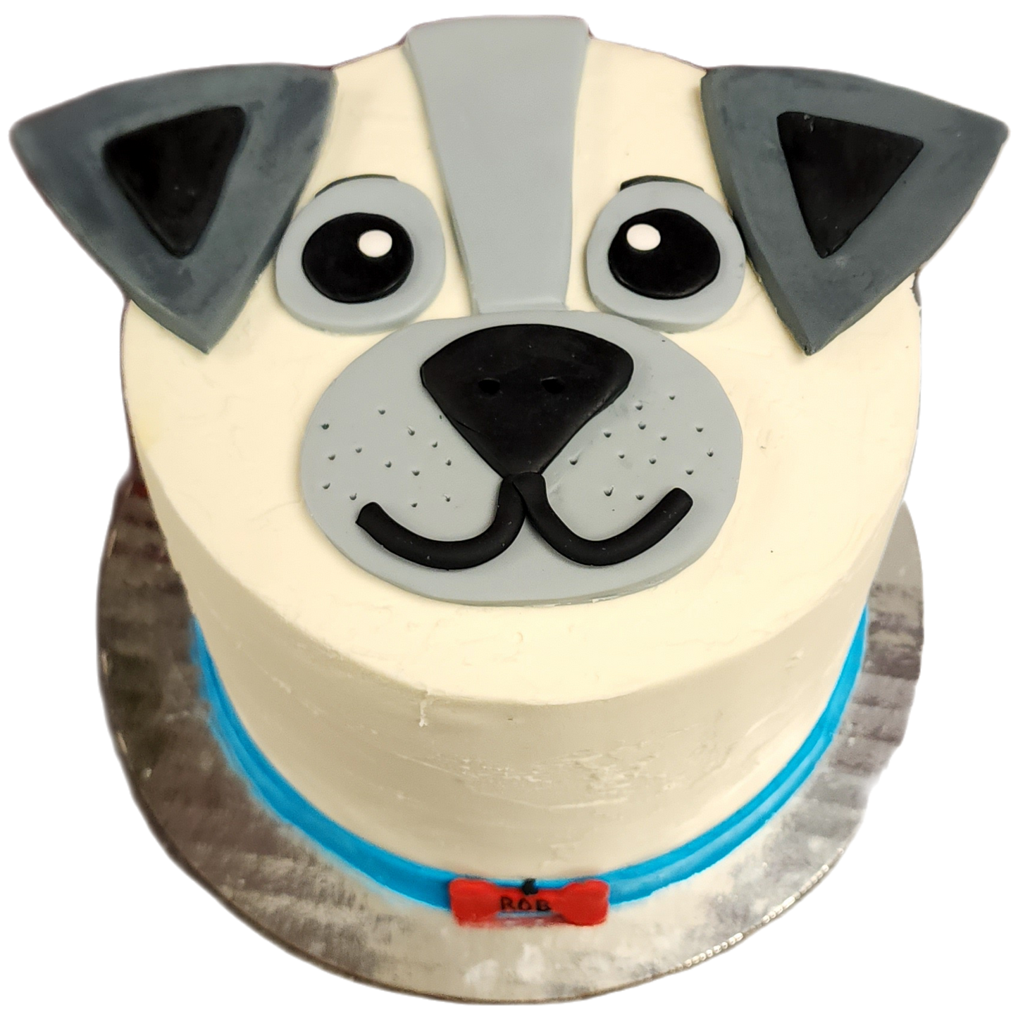 A white dog-face cake with gray features and a blue collar made during a DIY cake-decorating workshop