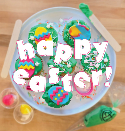 graphic of easter cupcakes decorated in bright, fun colors available at Cake Hoopla in Tigard, near Portland.