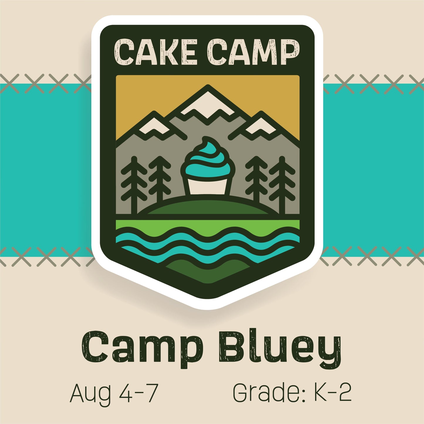 Cake camp badge for Cake Hoopla's Camp Bluey themed cake camp on August 4-7, 2025 in Tigard, Oregon near Portland for grades kindergarten through 2.