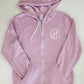 The front of a unisex light-purple zip-up hoodie. Over the left breast in white screen printing are the letters "CH" written in a swirly way, where the bar portion of the H extends up to connect with the C, which encircles the H.